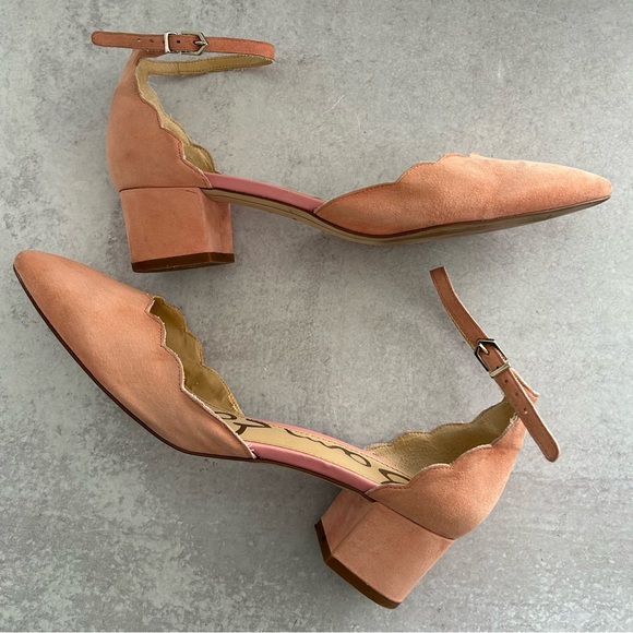 Sam Edelman LARA Scalloped Edge Ankle Strap Block Heel Pumps, Pink 9.5 - Picture 3 of 11